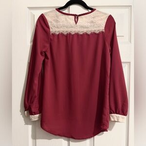 Chloe K Wine Red Blouse with Lace Accents